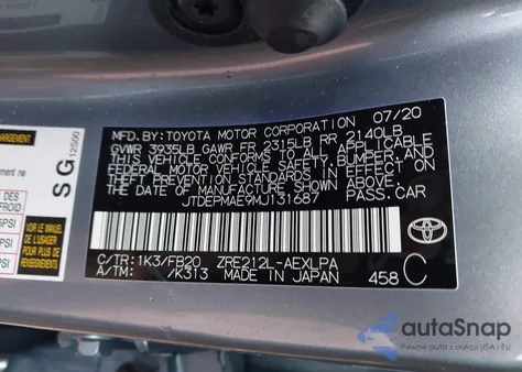 2021 Toyota Corolla Le из США, поврежденный, VIN JTDEPMAE9MJ131687